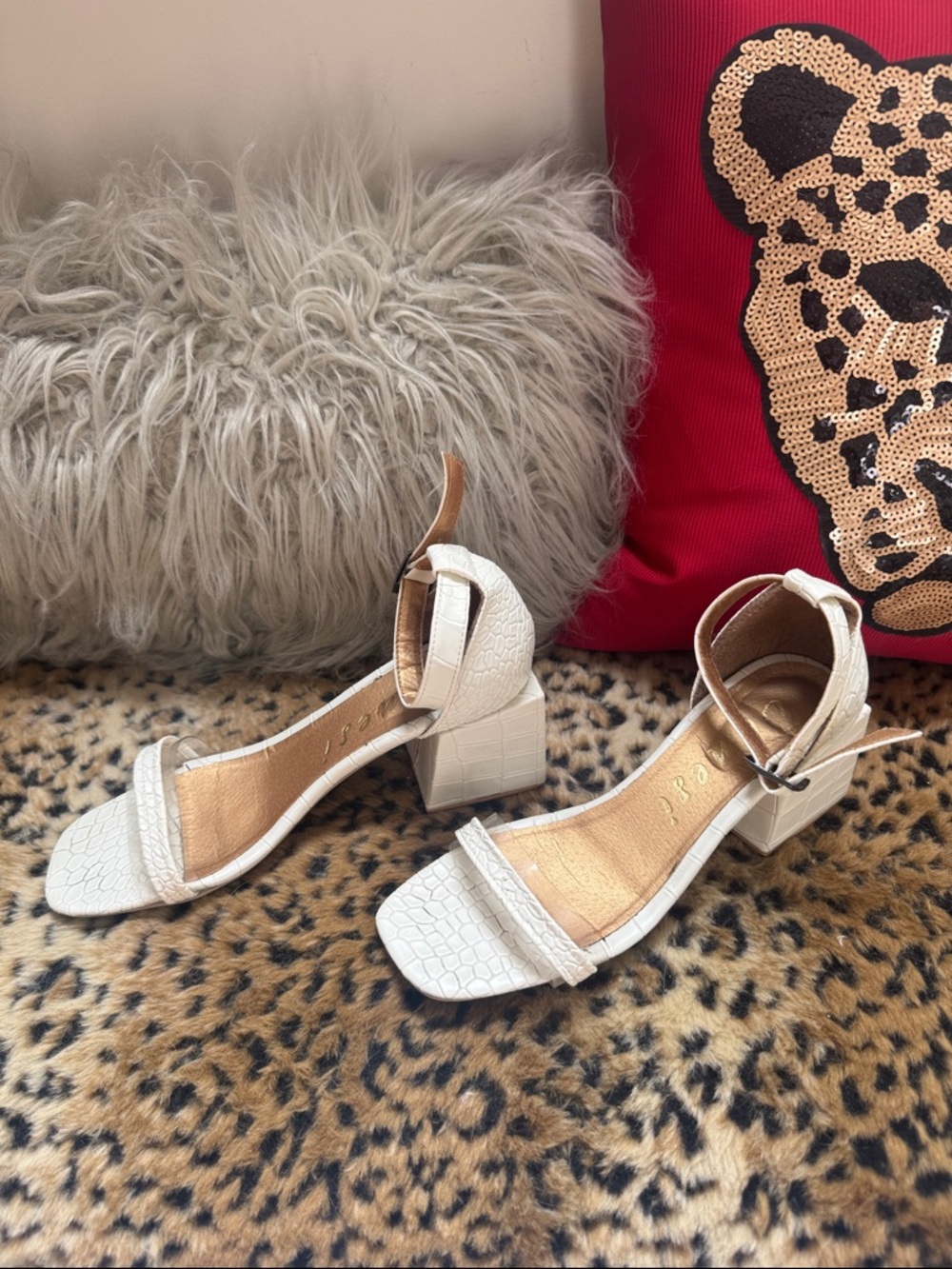 Croc-Embossed White Block Heel Sandals with Ankle Strap